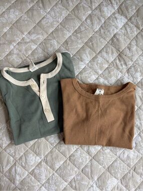 kate quinn Olive Green Henley and Tan Crewneck Long Sleeve Set